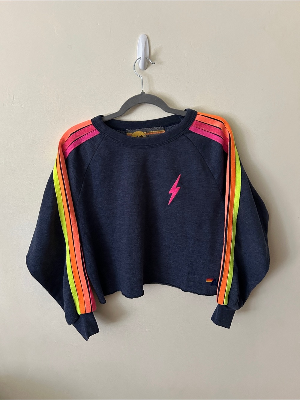 Aviator Nation Navy Crop Sweatshirt with Neon Pink, Orange & Yellow Stripes